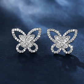 Brass Micro Pave Clear Cubic Zirconia Stud Earrings, Butterfly
