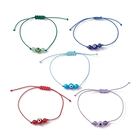 Natural & Synthetic Mixed Gemstone Braided Bead Bracelet, Evil Eye Lampwork Adjustable Bracelet