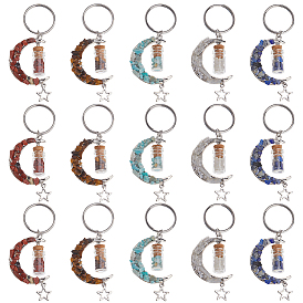 15шт. 5 стили брелок из натурального лазурита, красной яшмы, амазонита, тигрового глаза и белого лунного камня, с 304 нержавеющей стали застежки, луна, бутылка желаний, луна