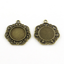 Tibetan Style Flower Alloy Pendant Rhinestone Cabochon Settings, Lead Free & Cadmium Free, Tray: 20mm, Fit for 1mm rhinestone, 38.5x34.5x2.5mm, Hole: 3mm, about 165pcs/1000g