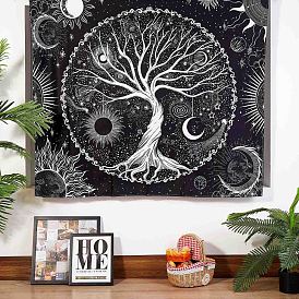 Aesthetics Tree of Life Wall Tapestry, Sun Moon Star Galaxy Space Tapestry, for Bedroom, Living Room, White and Black