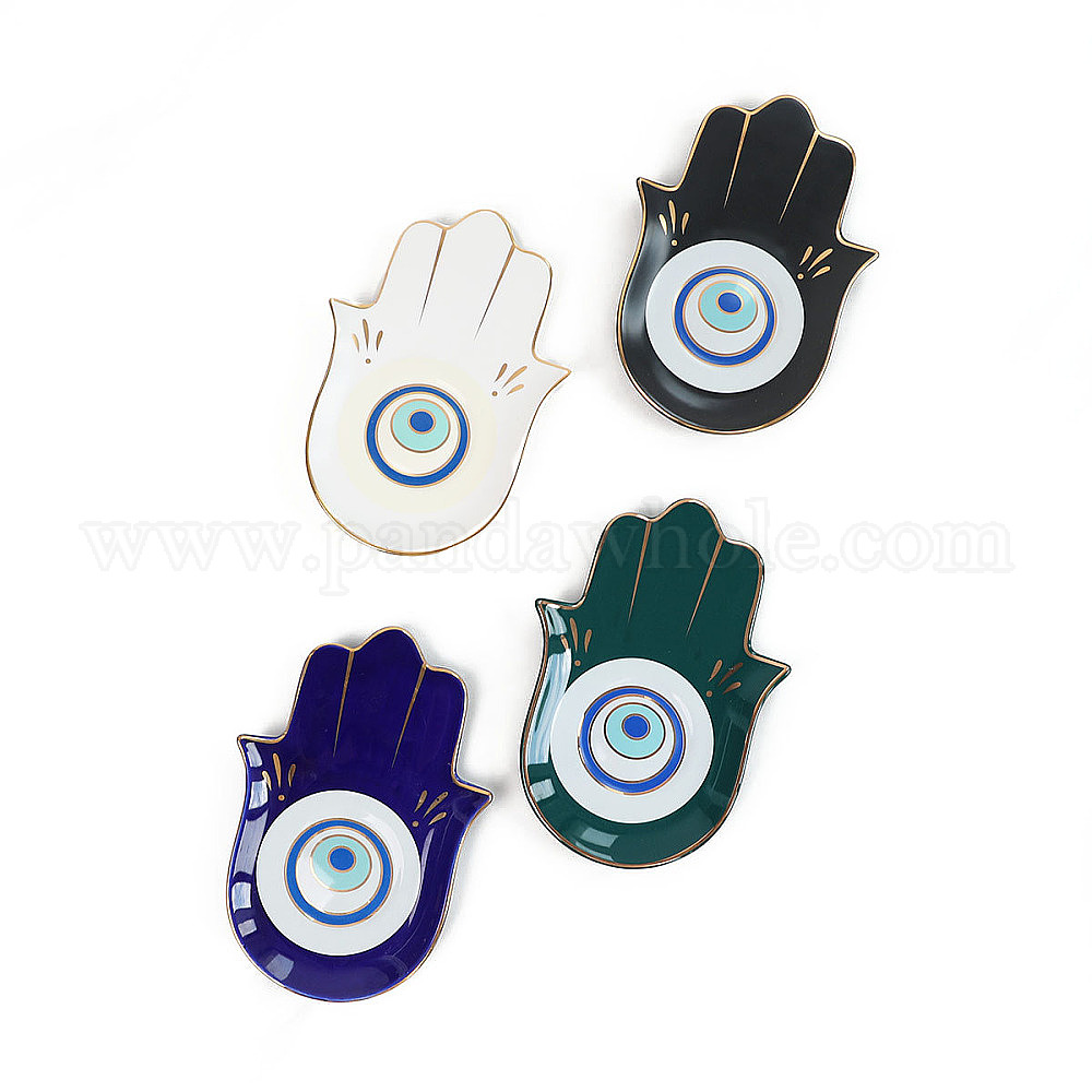 Porcelain Jewelry Plates, Hamsa Hand Shape Evil Eye Pattern Tray