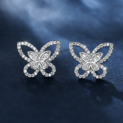 Brass Micro Pave Clear Cubic Zirconia Stud Earrings, Butterfly
