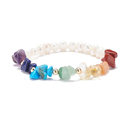 Gemstone Chips & Natural Pearl Stretch Bracelet, 7 Chakra Jewelry for Women