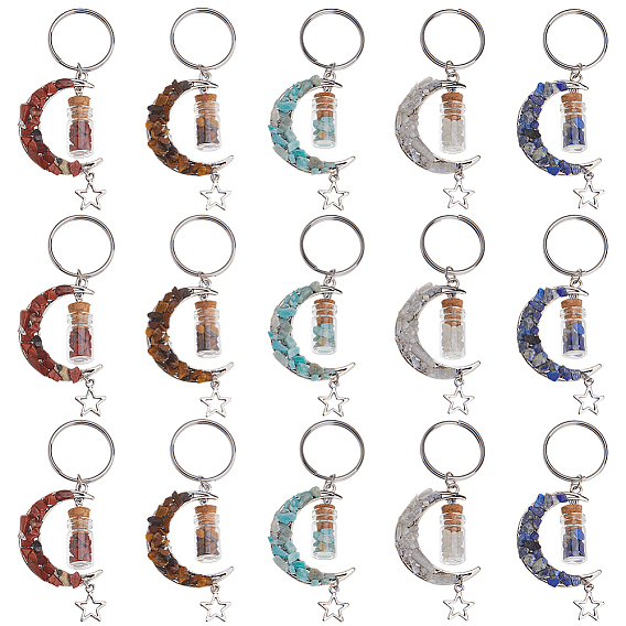 15шт. 5 стили брелок из натурального лазурита, красной яшмы, амазонита, тигрового глаза и белого лунного камня, с 304 нержавеющей стали застежки, луна, бутылка желаний, луна