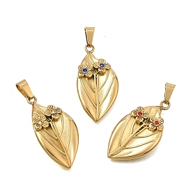 304 Stainless Steel with Rhinestone Pendants, with 201 Stainless Steel Snap On Bails, Ion Plating(IP), Leaf Charms, Golden