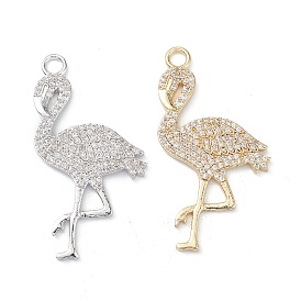Rack Plating Brass Micro Pave Clear Cubic Zirconia Bird Pendants, Flamingo Shape Charms, Long-Lasting Plated, Cadmium Free & Lead Free