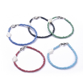Glass Seed Bead Beaded Bracelets, with Hamsa Hand Natural Shell Beads and 304 Stainless Steel Lobster Claw Clasps