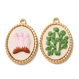 304 Stainless Steel & Cloth Embroidered Pendants, Oval Charms, Ion Plating(IP), Long-Lasting Plated, Real 18K Gold Plated