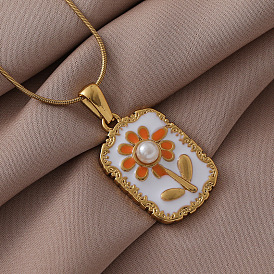 316 хирургическая нержавеющая сталь, эмаль, искусственный жемчуг, прямоугольник с цветочным кулоном, женское ожерелье, белый и темно-оранжевый