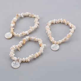 White Shell Chip Beads Charm Stretch Bracelets, with Freshwater Shell Pendants