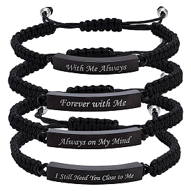 4 piezas 4 estilos pulseras de eslabones para urnas de cenizas de acero inoxidable, Pulsera ajustable de cordón trenzado de poliéster para mujeres y hombres, rectángulo con la palabra