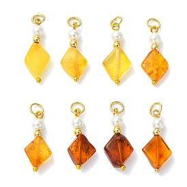Подвески из натурального янтаря и жемчуга из раковин., с латунной фурнитурой , ромб прелести