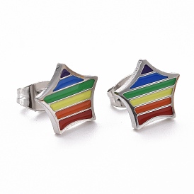 Pride Style 201 Stainless Steel Stud Earrings, with Enamel and Alloy Ear Nuts, Star, Colorful