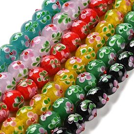 Нити бугорчатых бусин ручной работы в технике лэмпворк, круглые с цветочным узором