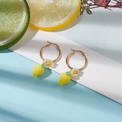 Resin Lemon with ABS Plastic Pearl Flower Dangle Hoop Earrings, Golden 304 Stainless Steel Jewelry for Women