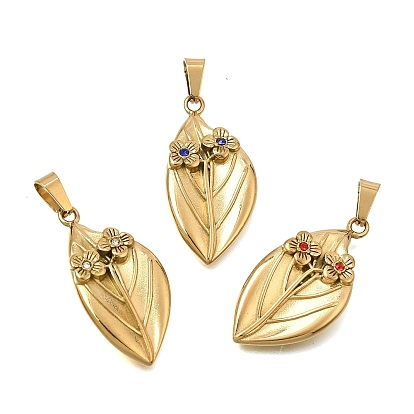 304 Stainless Steel with Rhinestone Pendants, with 201 Stainless Steel Snap On Bails, Ion Plating(IP), Leaf Charms, Golden