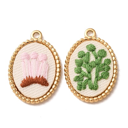 304 Stainless Steel & Cloth Embroidered Pendants, Oval Charms, Ion Plating(IP), Long-Lasting Plated, Real 18K Gold Plated