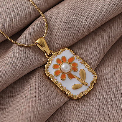 316 хирургическая нержавеющая сталь, эмаль, искусственный жемчуг, прямоугольник с цветочным кулоном, женское ожерелье, белый и темно-оранжевый