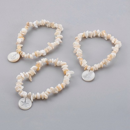 White Shell Chip Beads Charm Stretch Bracelets, with Freshwater Shell Pendants
