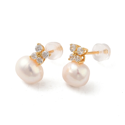 Sterling Silver Dangle  Earrings, with Natural Pearl, Cubic Zirconia, Jewely for Women, Half Round