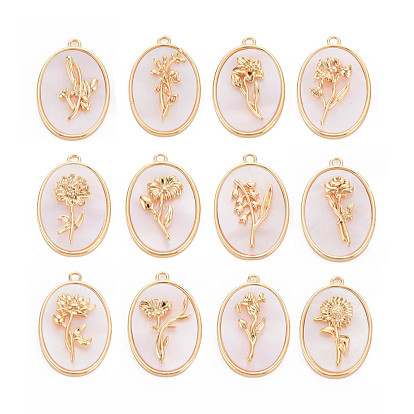 Brass Birth Floral Pendants, Oval with Flower Mother of Pearl White Shell Charms, Nickel Free, Real 18K Gold Plated