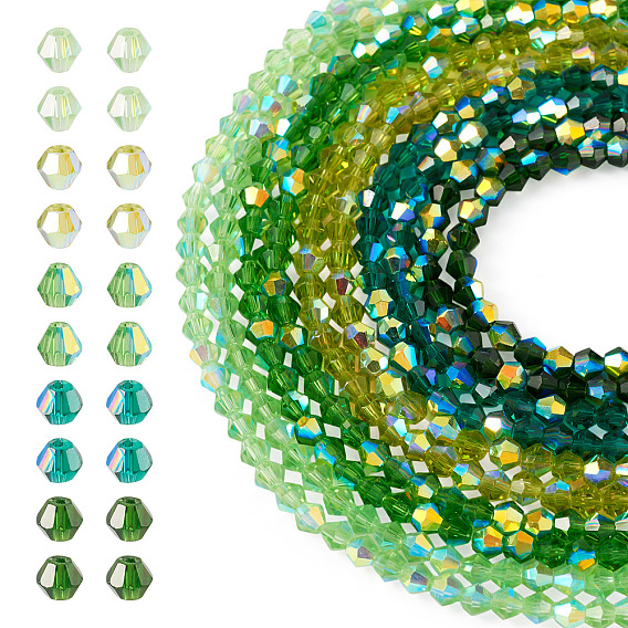 10 Strands 5 Colors Electroplate Transparent Glass Beads Strands, Bicone, AB Color Plated, Faceted, Half Plated