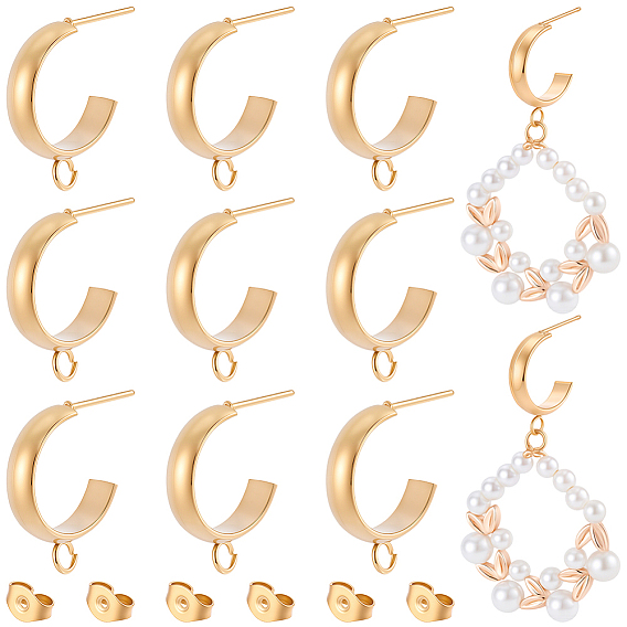 16Pcs 304 Stainless Steel Stud Earring Findings, C-Shaped, Half Hoop Earrings with Loop