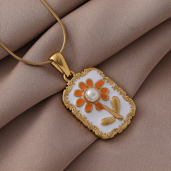 316 хирургическая нержавеющая сталь, эмаль, искусственный жемчуг, прямоугольник с цветочным кулоном, женское ожерелье, белый и темно-оранжевый