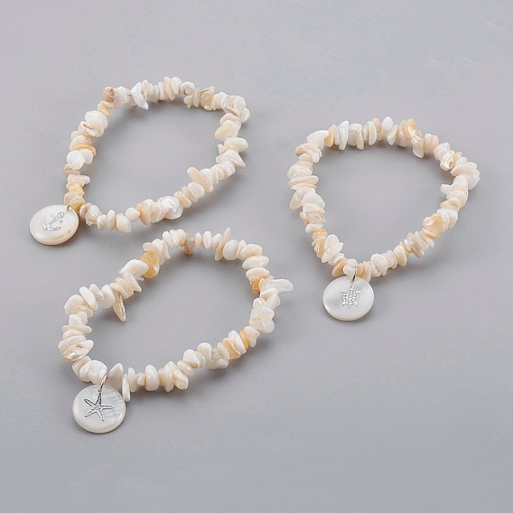 White Shell Chip Beads Charm Stretch Bracelets, with Freshwater Shell Pendants