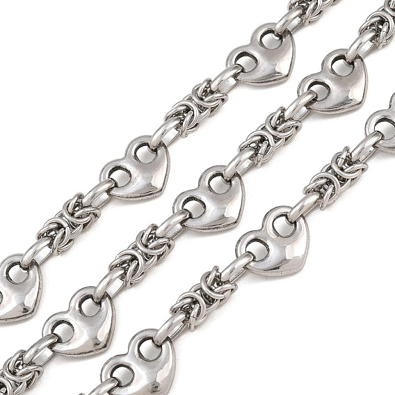 304 Cadenas bizantinas de acero inoxidable y cadena con eslabones en forma de corazón, sin soldar, con carrete