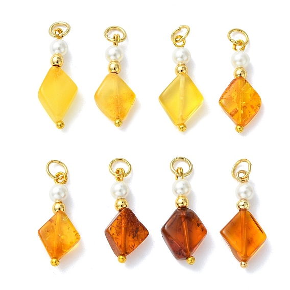 Подвески из натурального янтаря и жемчуга из раковин., с латунной фурнитурой , ромб прелести
