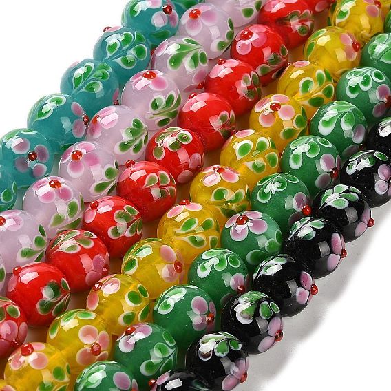 Нити бугорчатых бусин ручной работы в технике лэмпворк, круглые с цветочным узором