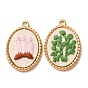 304 Stainless Steel & Cloth Embroidered Pendants, Oval Charms, Ion Plating(IP), Long-Lasting Plated, Real 18K Gold Plated