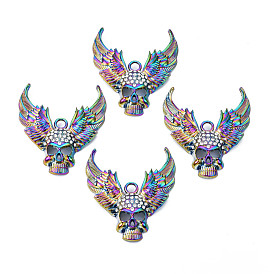 Rainbow Color Alloy Big Pendants, with Rhinestone, Cadmium Free & Lead Free, Skull with Wing