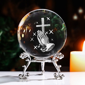 Inner Carving Cross & Prayer Hand Glass Crystal Ball Diaplay Decoration, with Alloy Pedestal, Fengshui Home Decor