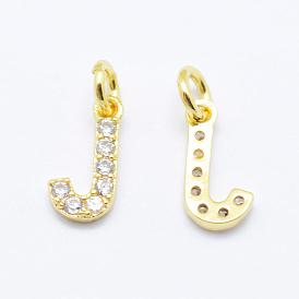 Brass Micro Pave Grade AAA Cubic Zirconia Charms, Letter J, Cadmium Free & Nickel Free & Lead Free