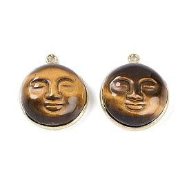 Natural Tiger Eye Smiling Face Pendants, Golden Tone Rack Plating Brass Flat Round Charms