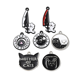 Alloy Enamel Pendants, Flat Round with Cat/Knife with Cat Charm