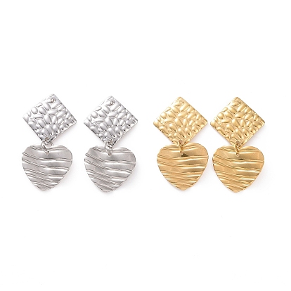 304 Stainless Steel Heart with Rhombus Dangle Stud Earrings for Women