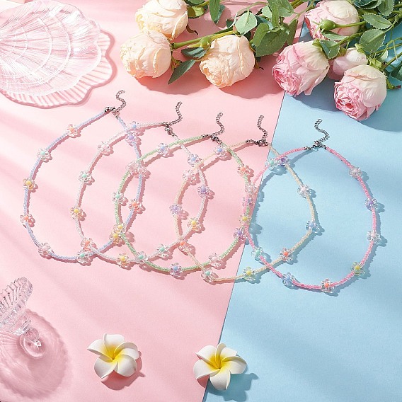 5Pcs 5 Colors Acrylic & Glass Seed Beaded Flower Necklaces for Women, Platinum