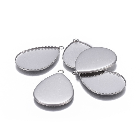 304 Stainless Steel Pendant Cabochon Settings, Milled Edge Bezel Cups, Drop