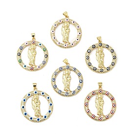Rack Plating Brass Micro Pave Clear Cubic Zirconia Pendants, with Enamel, Cadmium Free & Lead Free, Real 18K Gold Plated, Ring with Saint & Evil Eye