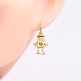 925 Sterling Silver Red Heart Robot Earrings with Rose Gold, Unique Design Studs