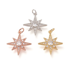 Brass Micro Pave Clear Cubic Zirconia Pendants, with Jump Rings, Long-Lasting Plated, Star