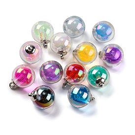 AB Color Resin Round Pendants, Ball in Ball Charms with Platinum Plated Alloy Loops