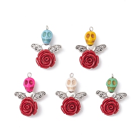 Подвески в виде черепа из синтетической бирюзы и розы из смолы, Подвески-ангелы с крыльями из сплава старинного серебра