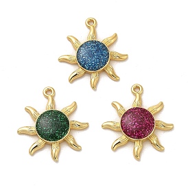 Brass Pendants, with Enamel, Real 18K Gold Plated, Glitter Sun Charm