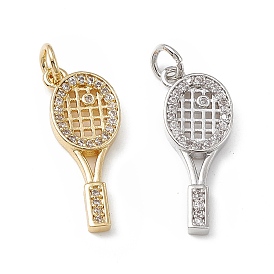 Brass Micro Pave Clear Cubic Zirconia Pendants, with Jump Ring, Tennis Racket Charm