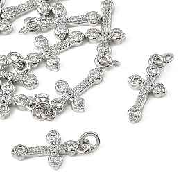 SHEGRACE Brass Micro Pave Clear Cubic Zirconia Pendants, Cadmium Free & Nickel Free & Lead Free, Cross Charms
